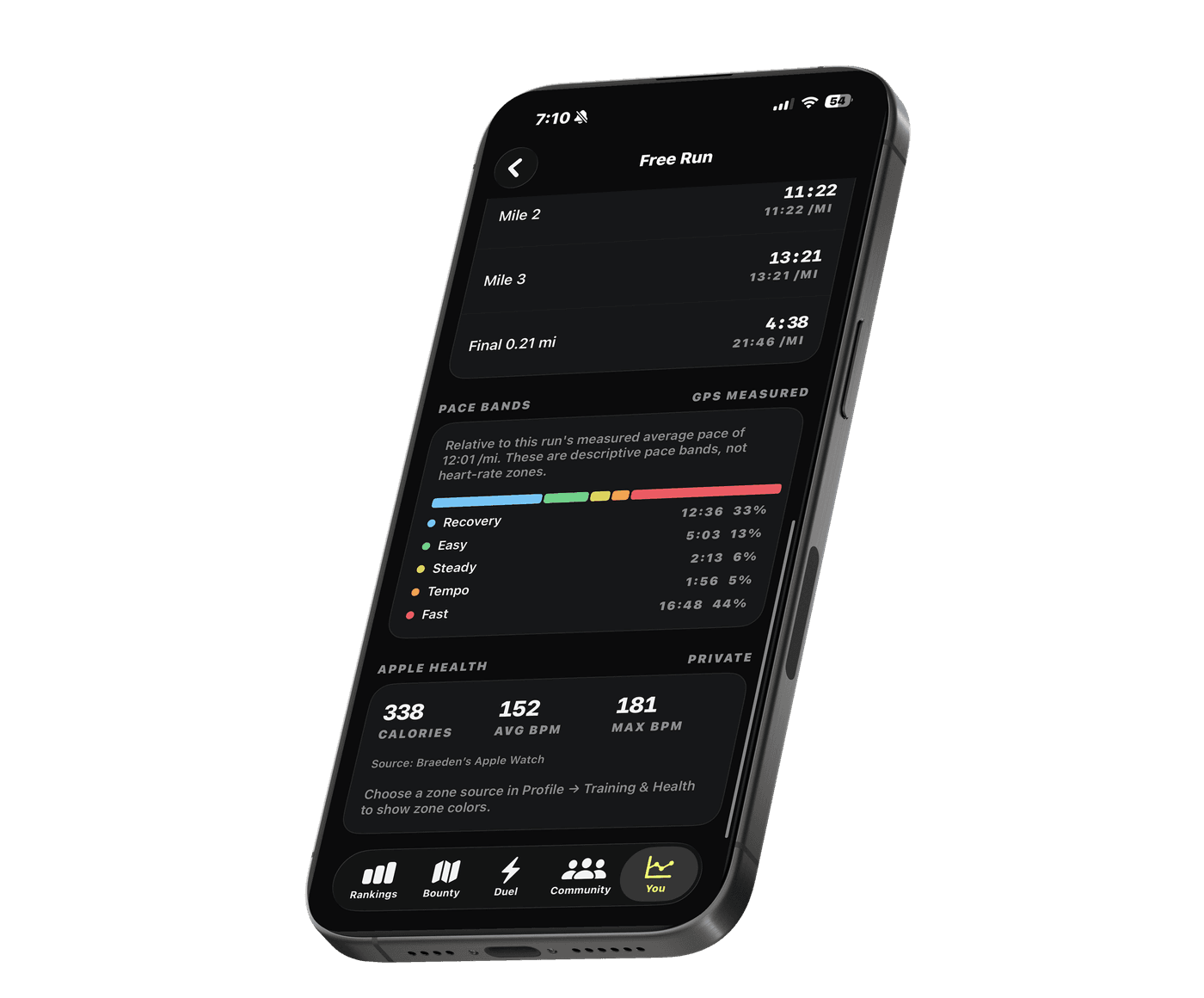 BiaVis pace bands and Apple Health summary shown in an iPhone mockup