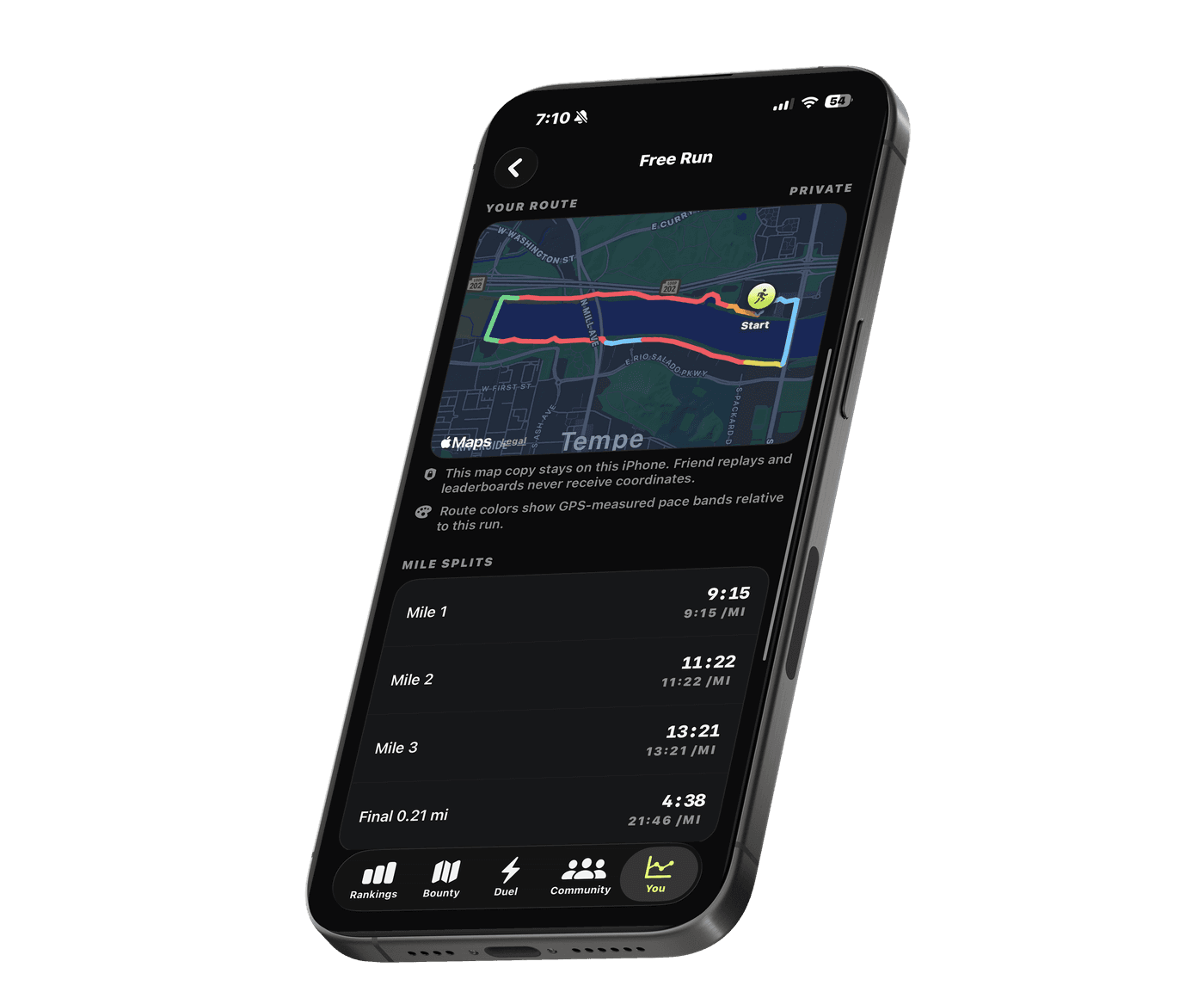 BiaVis running route and mile splits shown in an iPhone mockup